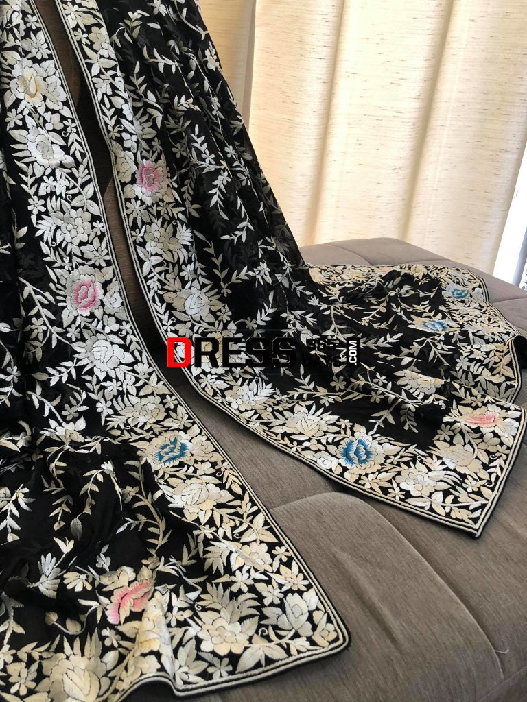Black Multicolour Parsi Gara Pure Georgette Dupatta