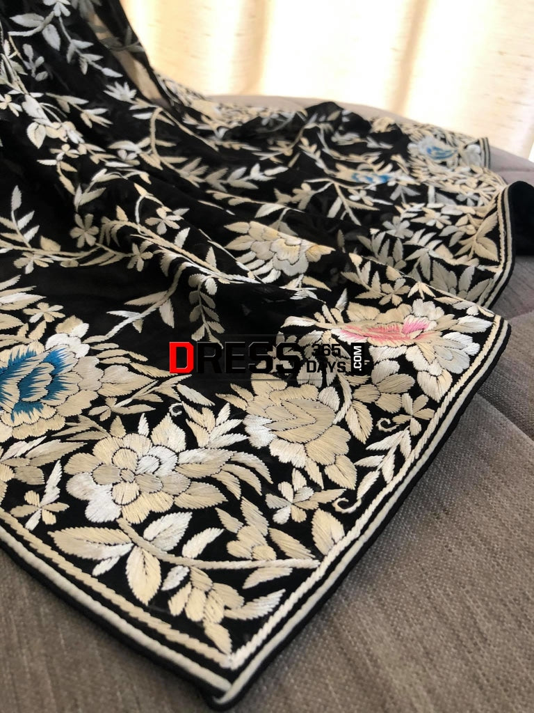 Black Multicolour Parsi Gara Pure Georgette Dupatta
