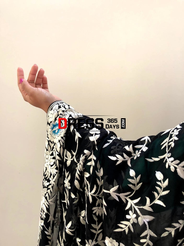 Black Multicolour Parsi Gara Pure Georgette Dupatta