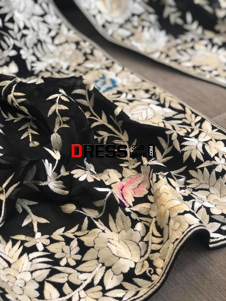 Black Multicolour Parsi Gara Pure Georgette Dupatta
