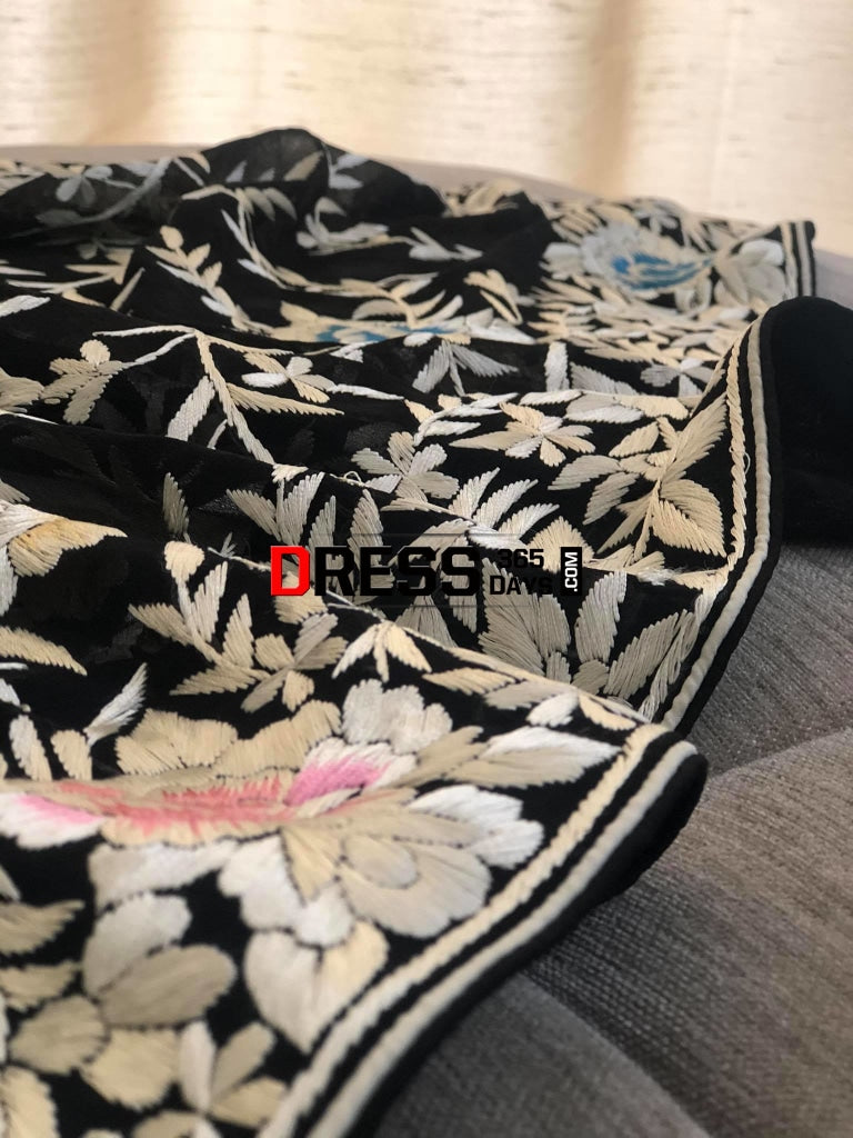 Black Multicolour Parsi Gara Pure Georgette Dupatta