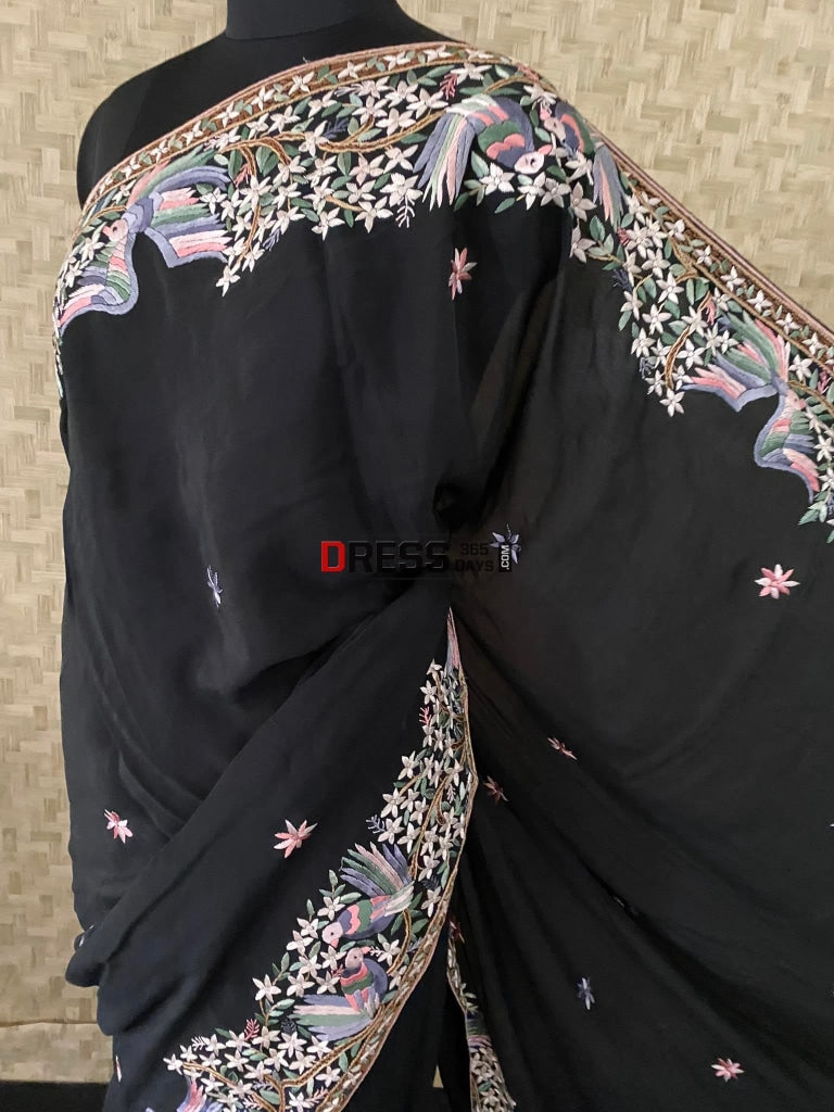 Black Multicolour Parsi Gara Saree-Crepe Silk Saree