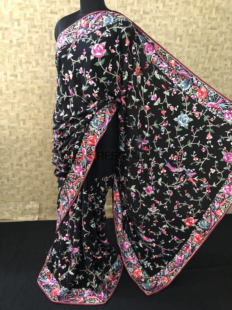 Black Multicolour Parsi Gara Saree - Crepe Silk – Dress365days