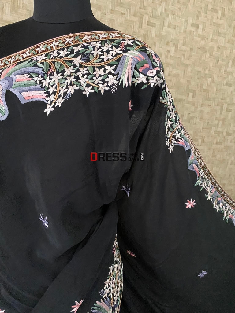Black Multicolour Parsi Gara Saree-Crepe Silk Saree