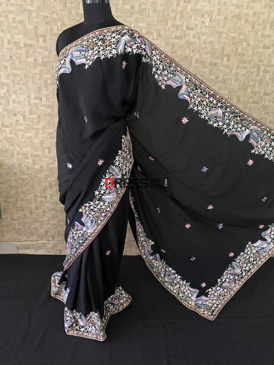 Black Multicolour Parsi Gara Saree-Crepe Silk Saree