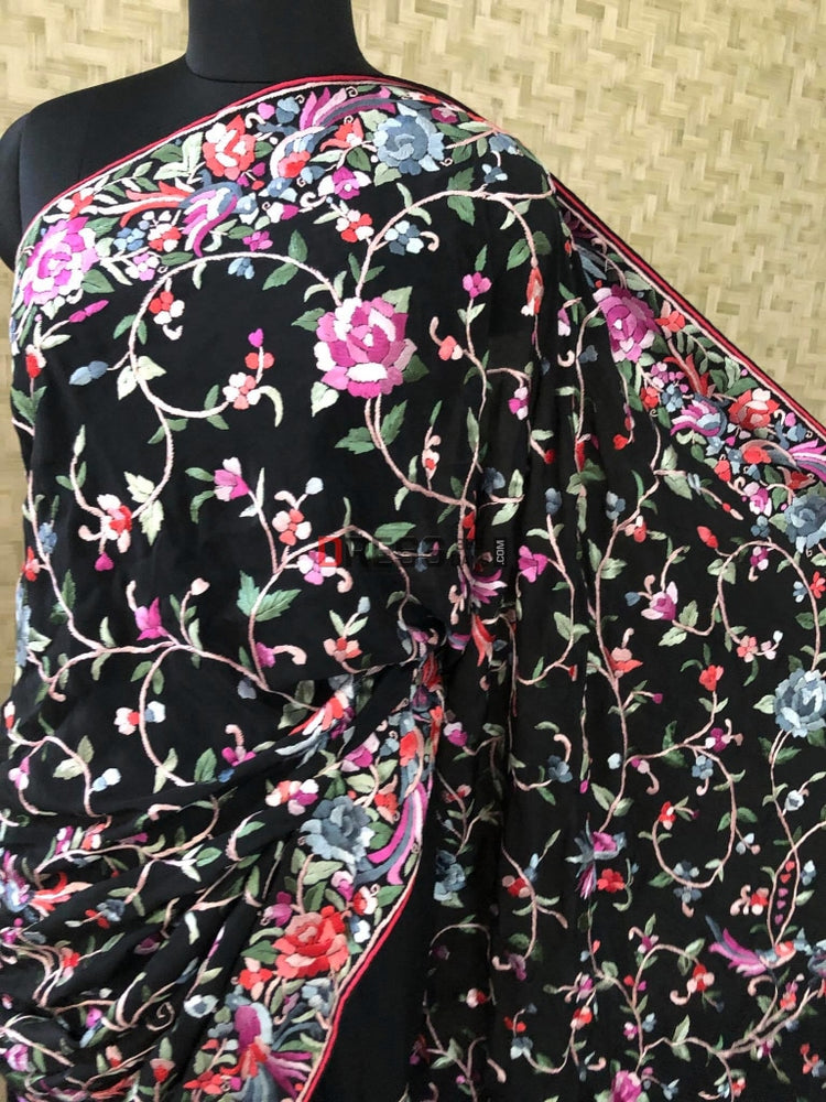 Black Multicolour Parsi Gara Saree - Crepe Silk – Dress365days