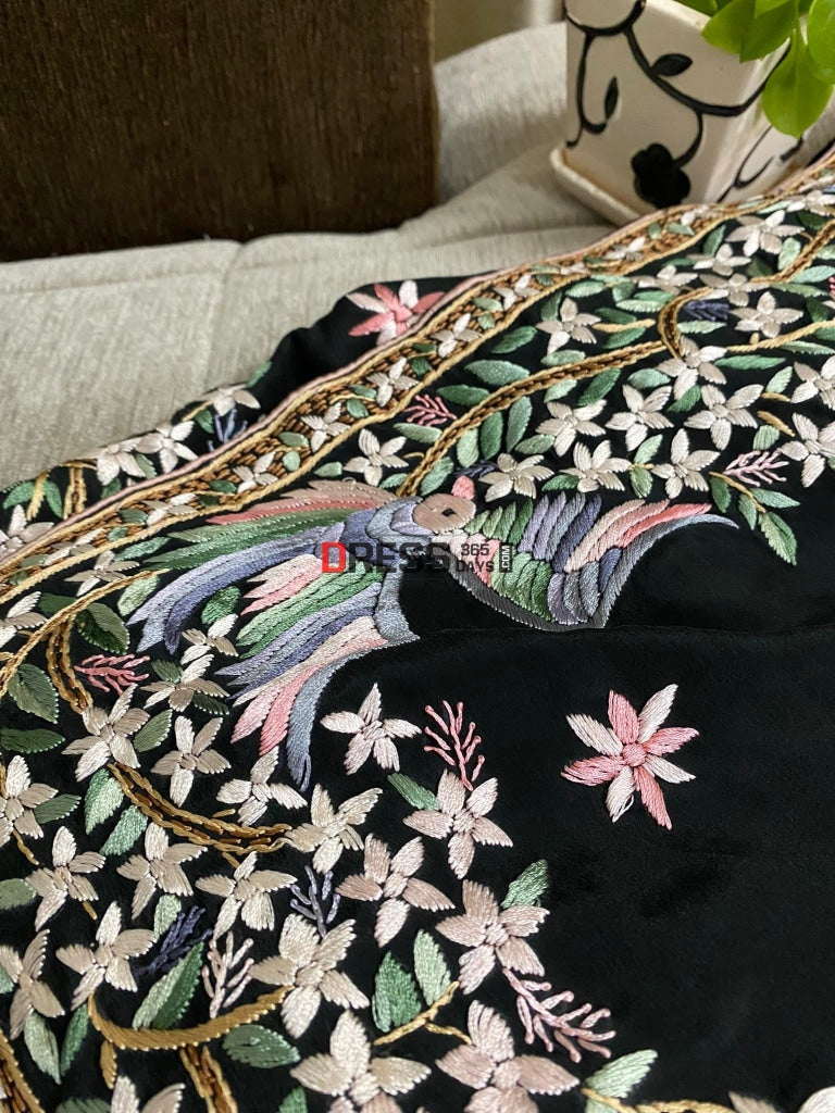 Black Multicolour Parsi Gara Saree-Crepe Silk Saree