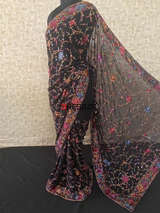 Black Multicolour Parsi Gara Saree - Pure Georgette