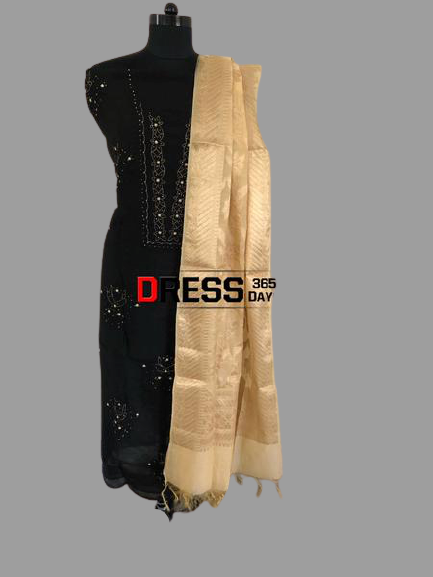 Black Organza Beads Chikankari Suit with Heavy Banarasi Dupatta - Dress365days