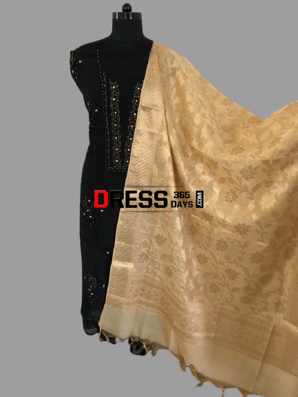 Black Organza Beads Chikankari Suit with Heavy Banarasi Dupatta - Dress365days