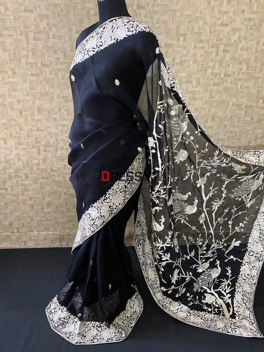 Black Organza Parsi Gara Saree