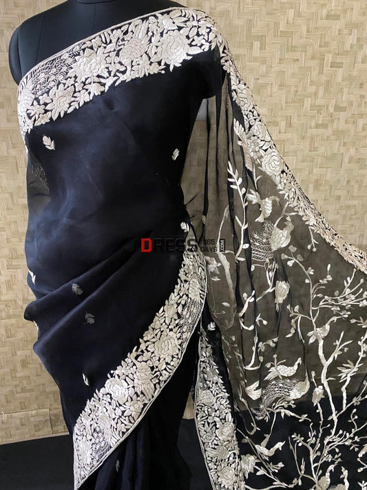 Black Organza Parsi Gara Saree