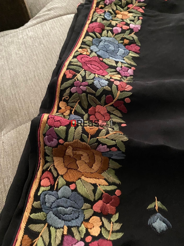 Black Parsi Gara Crepe Silk Dupatta