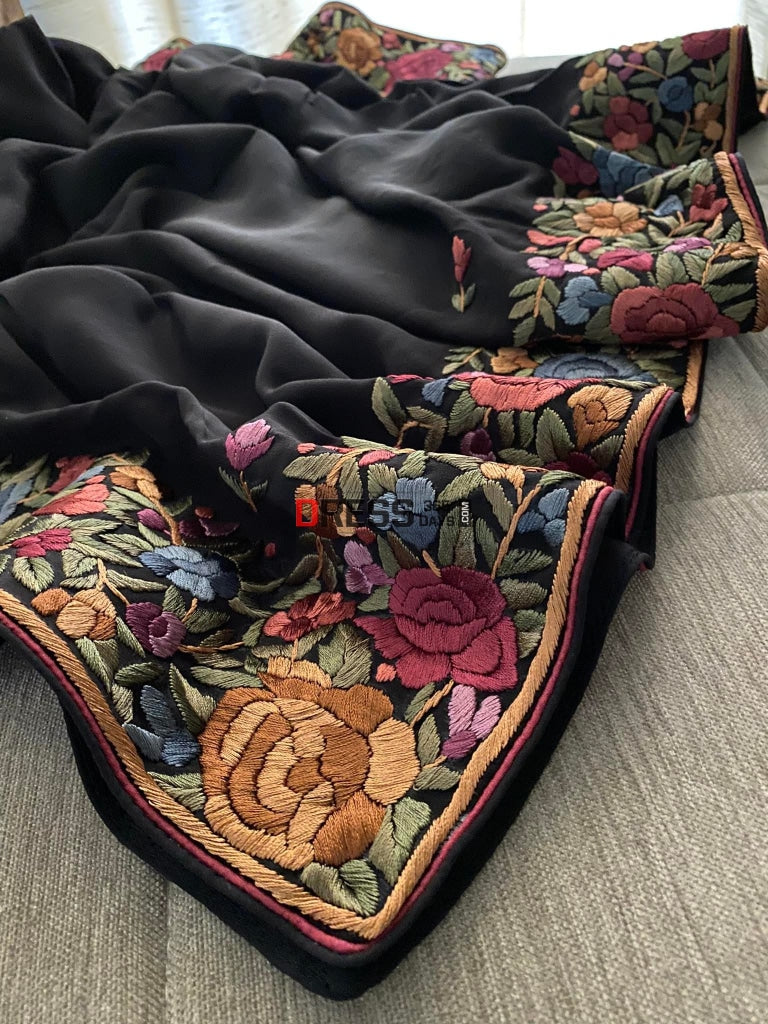 Black Parsi Gara Crepe Silk Dupatta