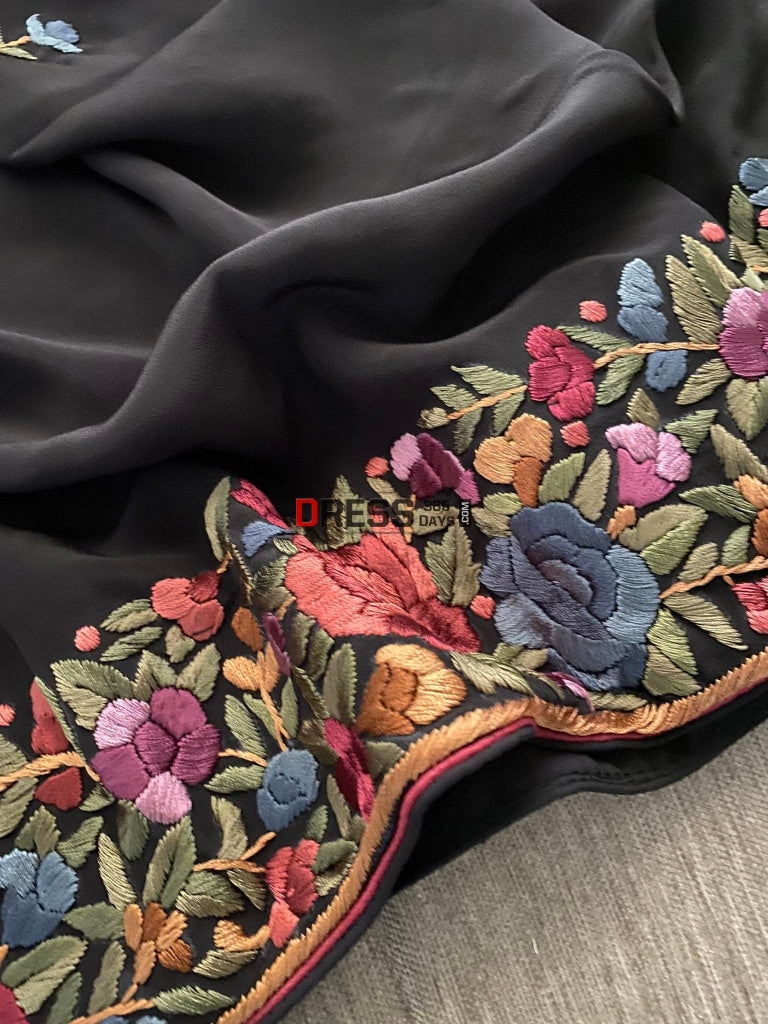 Black Parsi Gara Crepe Silk Dupatta