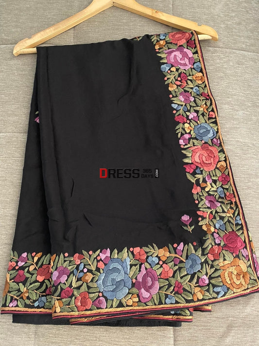 Black Parsi Gara Crepe Silk Dupatta