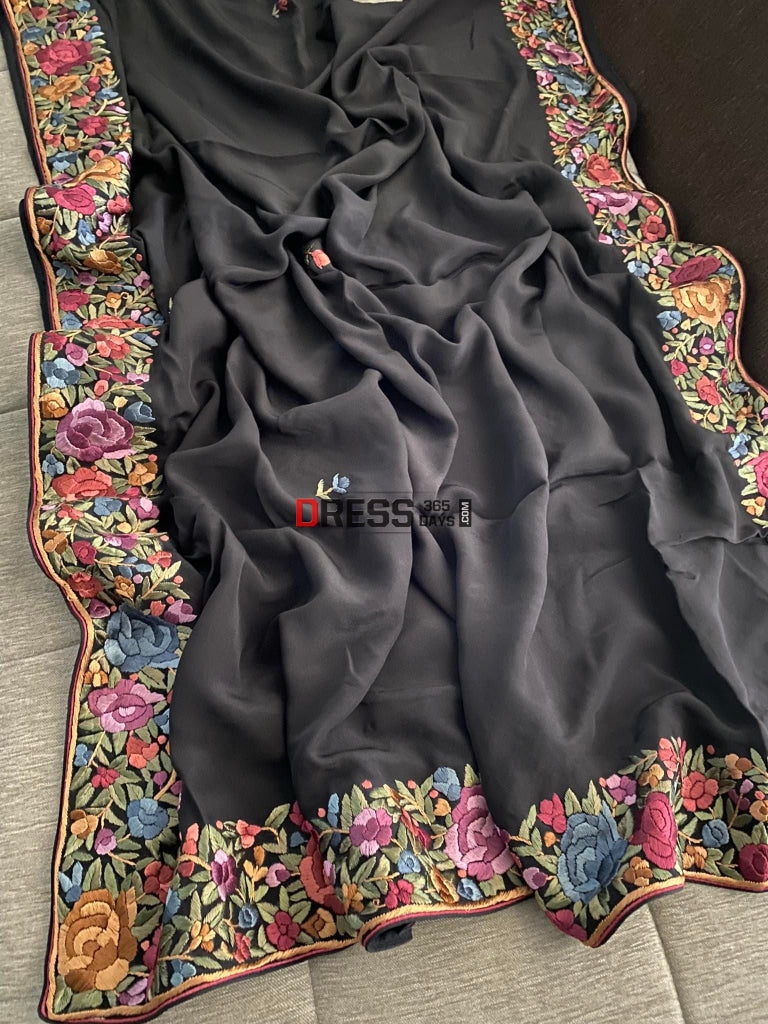 Black Parsi Gara Crepe Silk Dupatta