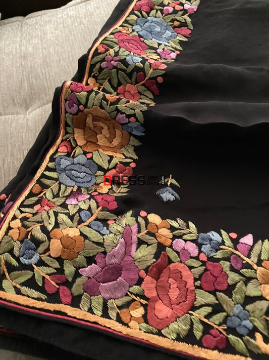 Black Parsi Gara Crepe Silk Dupatta