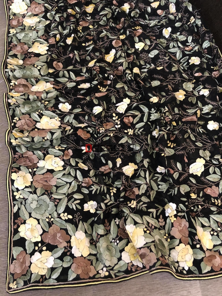 Black Parsi Gara Dupatta With Floral Multicolour Embroidery