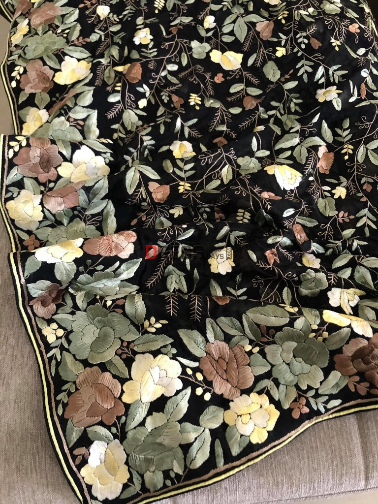 Black Parsi Gara Dupatta With Floral Multicolour Embroidery