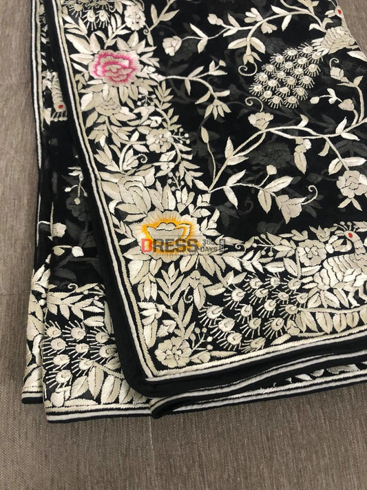 Black Parsi Gara Dupatta With Ivory-Multicolour Embroidery