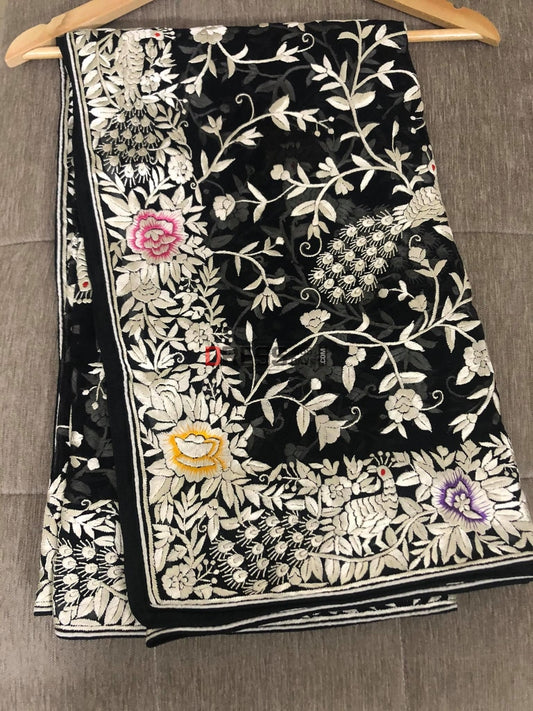 Black Parsi Gara Dupatta With Ivory-Multicolour Embroidery