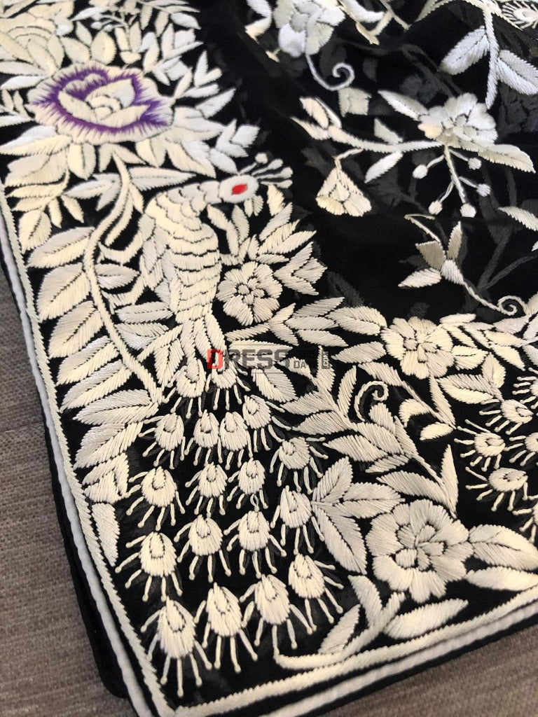 Black Parsi Gara Dupatta With Ivory-Multicolour Embroidery