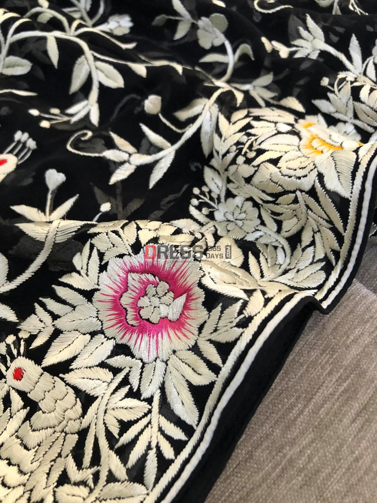 Black Parsi Gara Dupatta With Ivory-Multicolour Embroidery