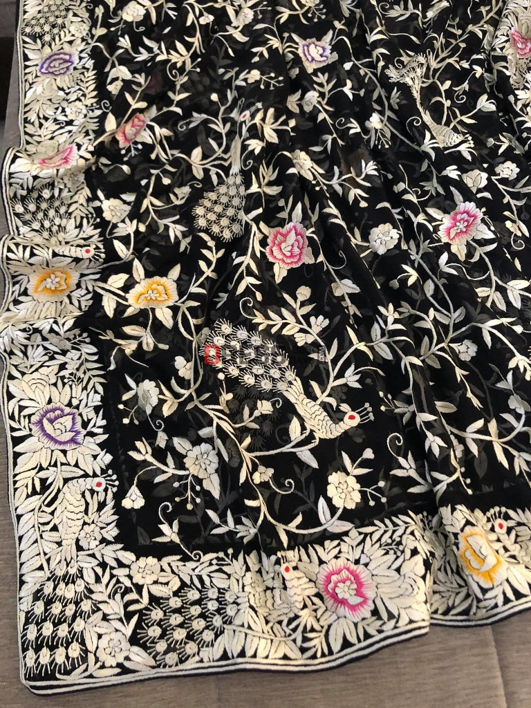 Black Parsi Gara Dupatta With Ivory-Multicolour Embroidery