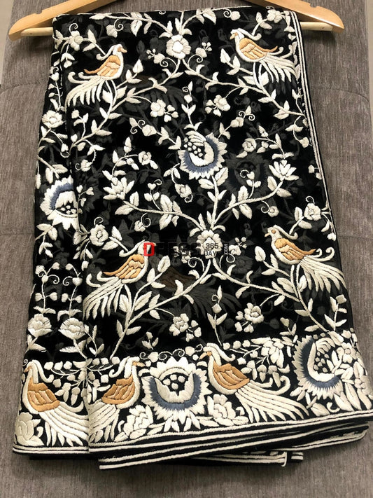 Black Parsi Gara Hand Embroidered Dupatta