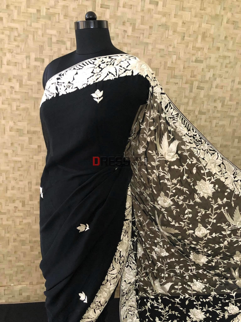 Black Parsi Gara Hand Embroidered Saree