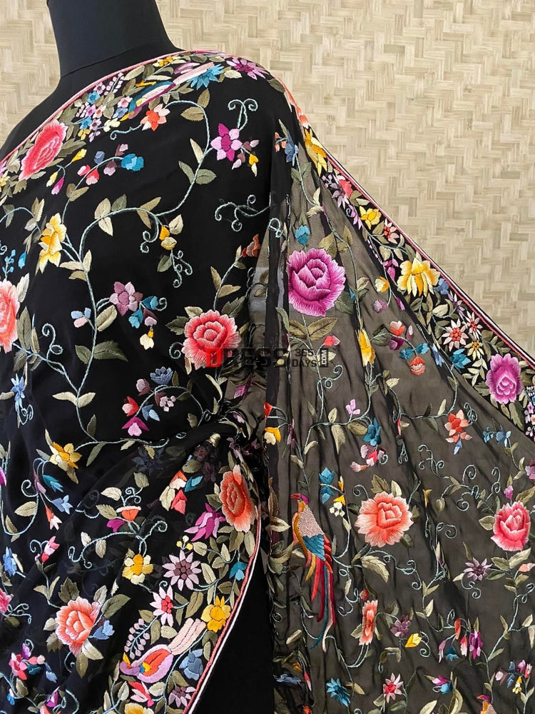 Black Parsi Inspired Thread Embroidery Saree main image 0