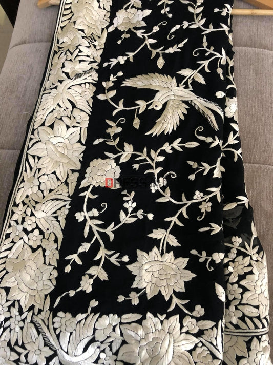 Black Parsi Gara Hand Embroidered Saree