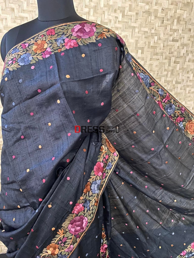 Black Parsi Gara Hand Embroidered Tussar Silk Saree