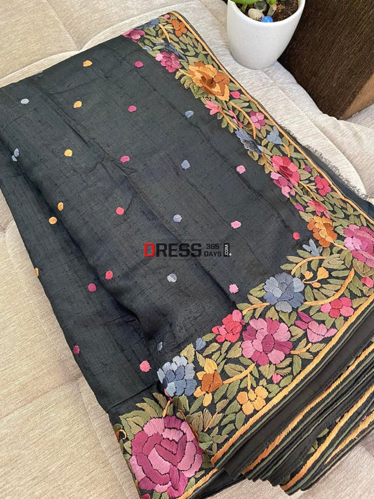 Black Parsi Gara Hand Embroidered Tussar Silk Saree