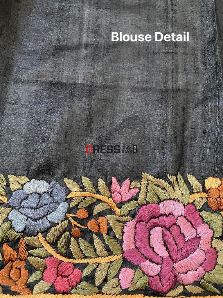 Black Parsi Gara Hand Embroidered Tussar Silk Saree