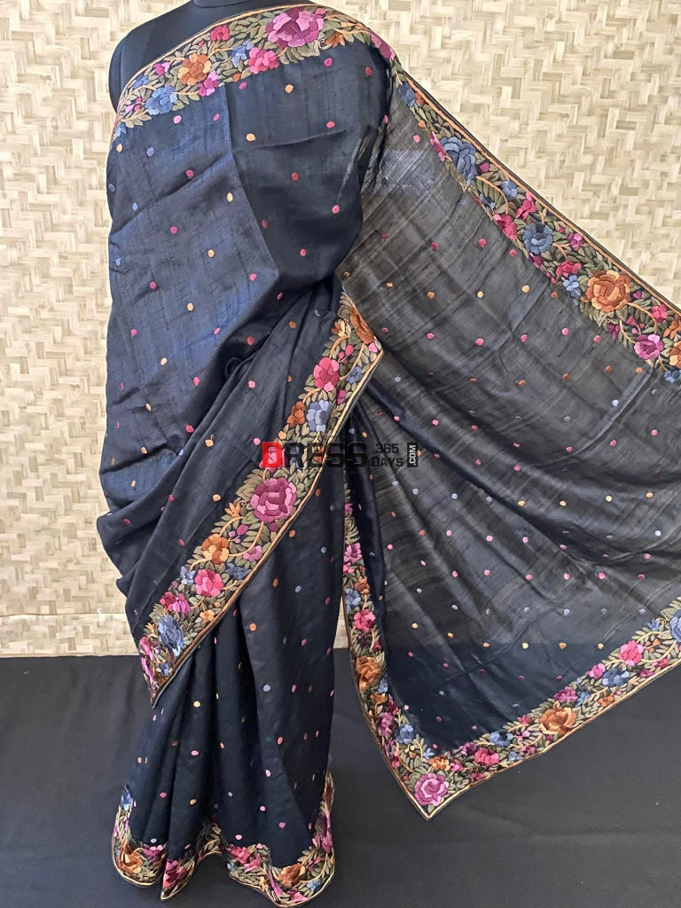 Black Parsi Gara Hand Embroidered Tussar Silk Saree