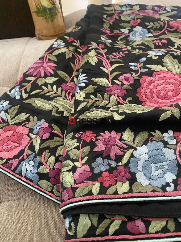 Black Parsi Gara Saree - Self Design Pure Crepe Silk