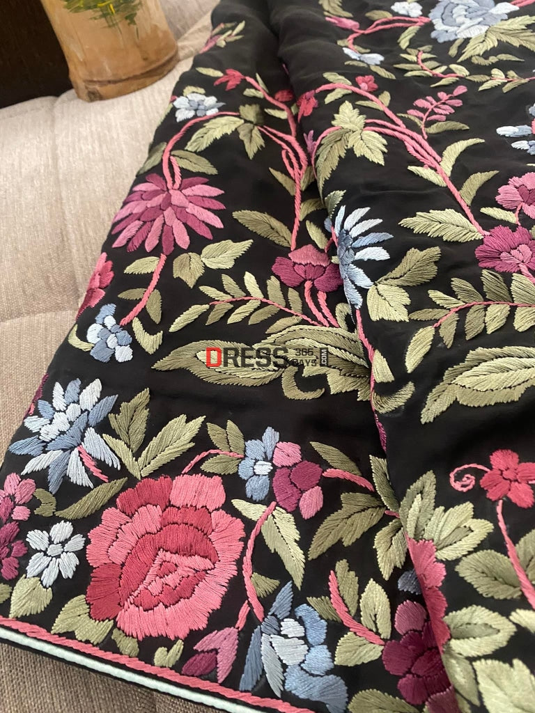 Black Parsi Gara Saree - Self Design Pure Crepe Silk