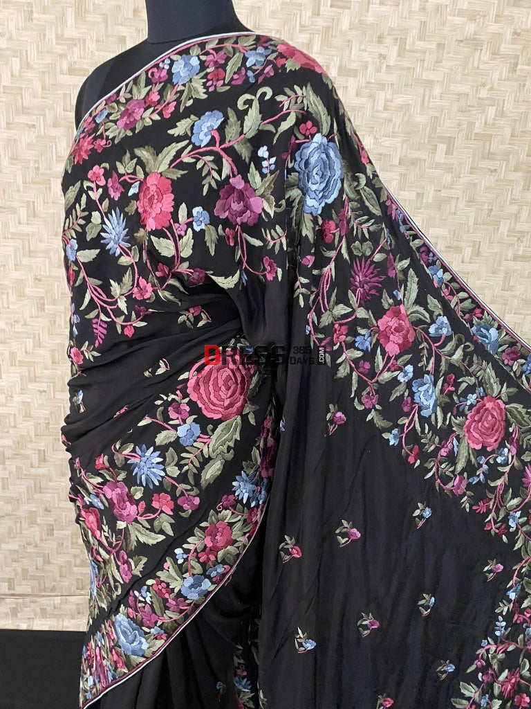 Black Parsi Gara Saree - Self Design Pure Crepe Silk