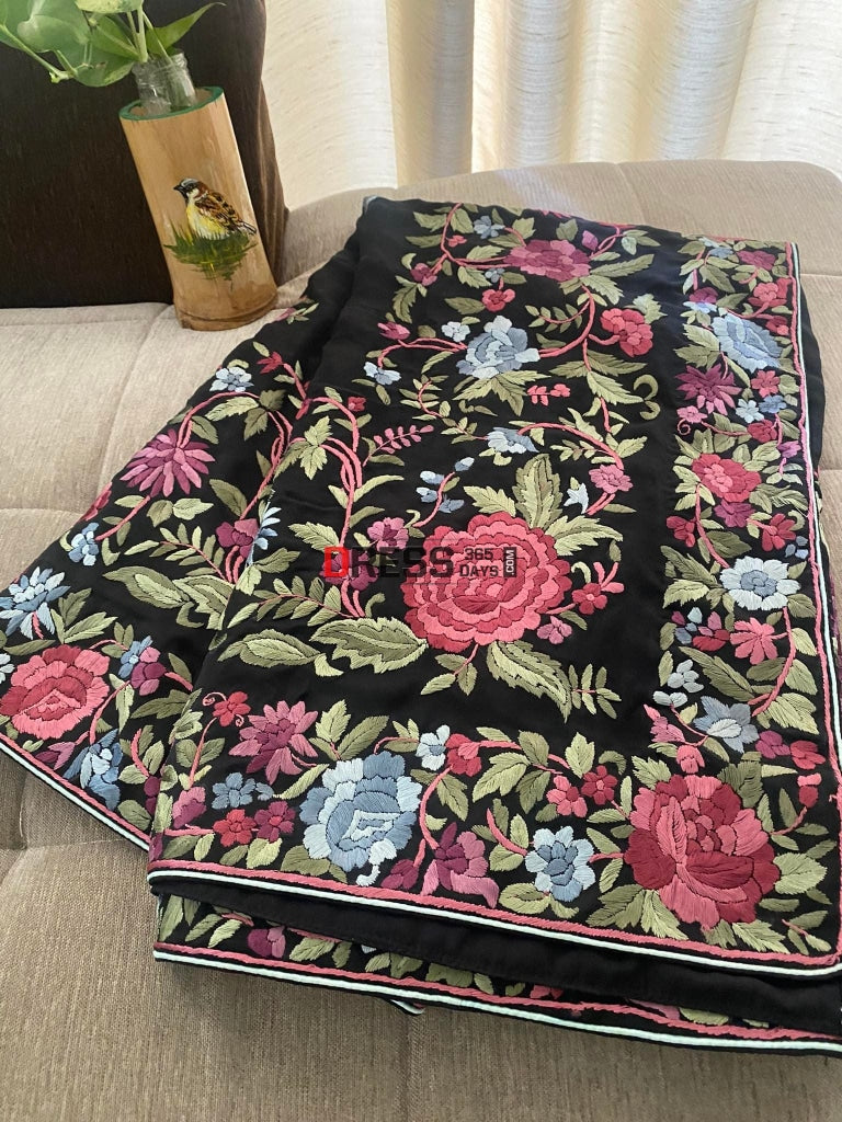Black Parsi Gara Saree - Self Design Pure Crepe Silk