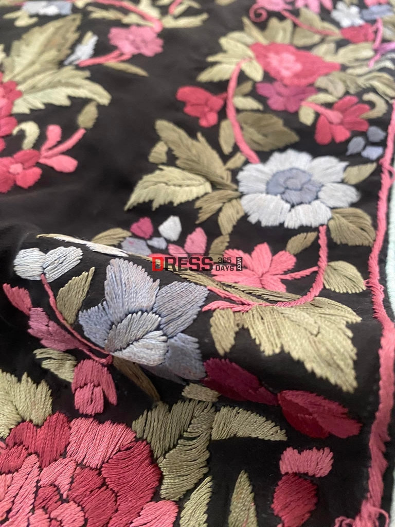 Black Parsi Gara Saree - Self Design Pure Crepe Silk