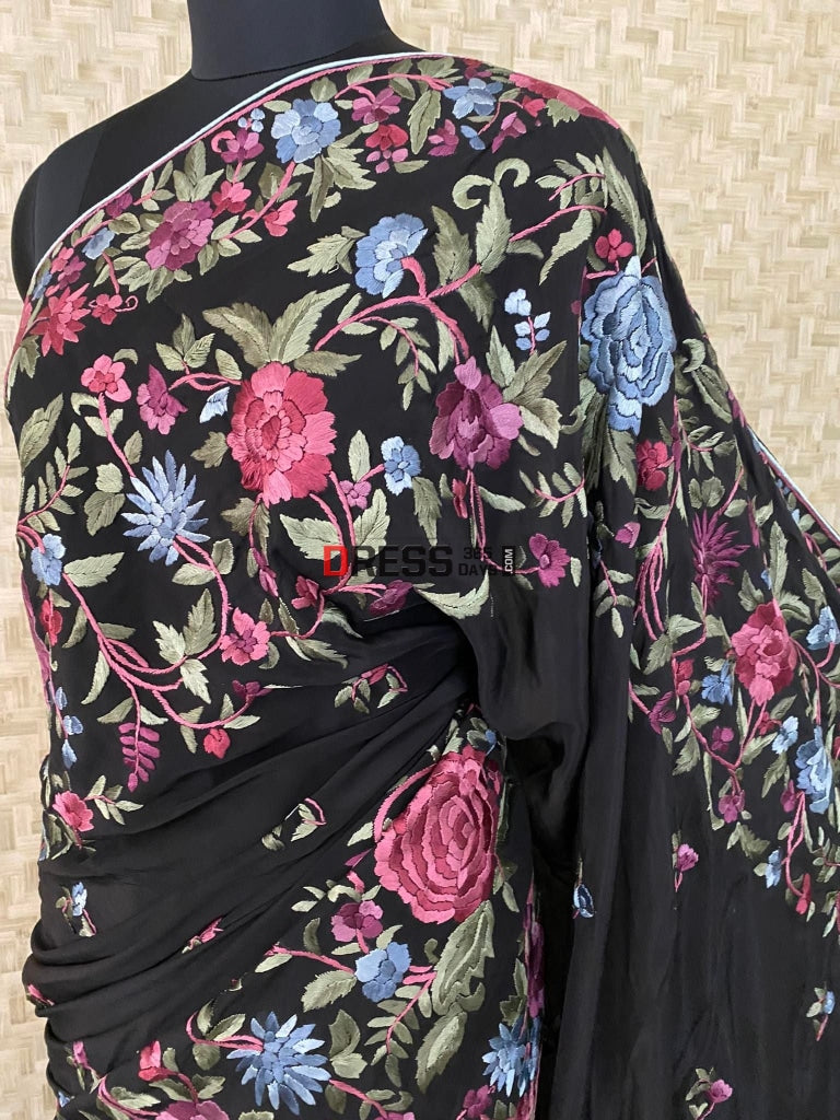 Black Parsi Gara Saree - Self Design Pure Crepe Silk