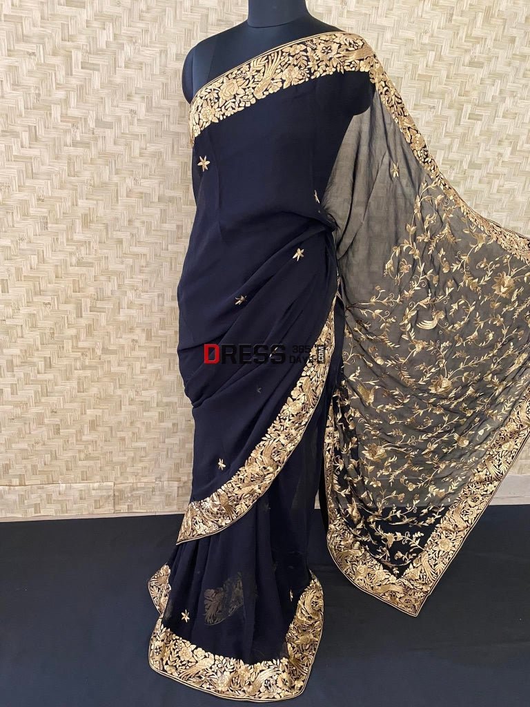 Black Parsi Gara With Golden Embroidery / Crepe Saree