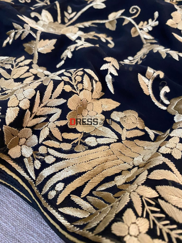 Black Parsi Gara With Golden Embroidery Saree