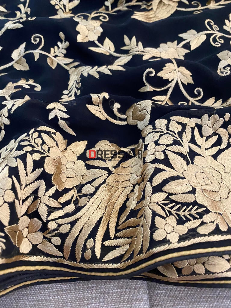 Black Parsi Gara With Golden Embroidery Saree