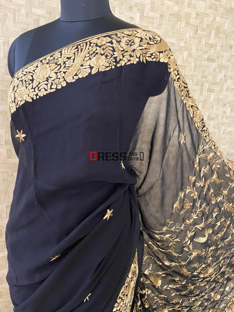 Black Parsi Gara With Golden Embroidery Saree