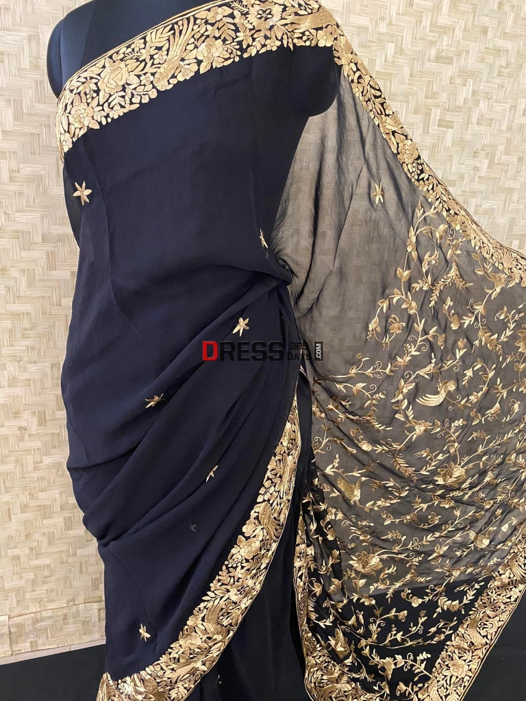 Black Parsi Gara With Golden Embroidery Saree