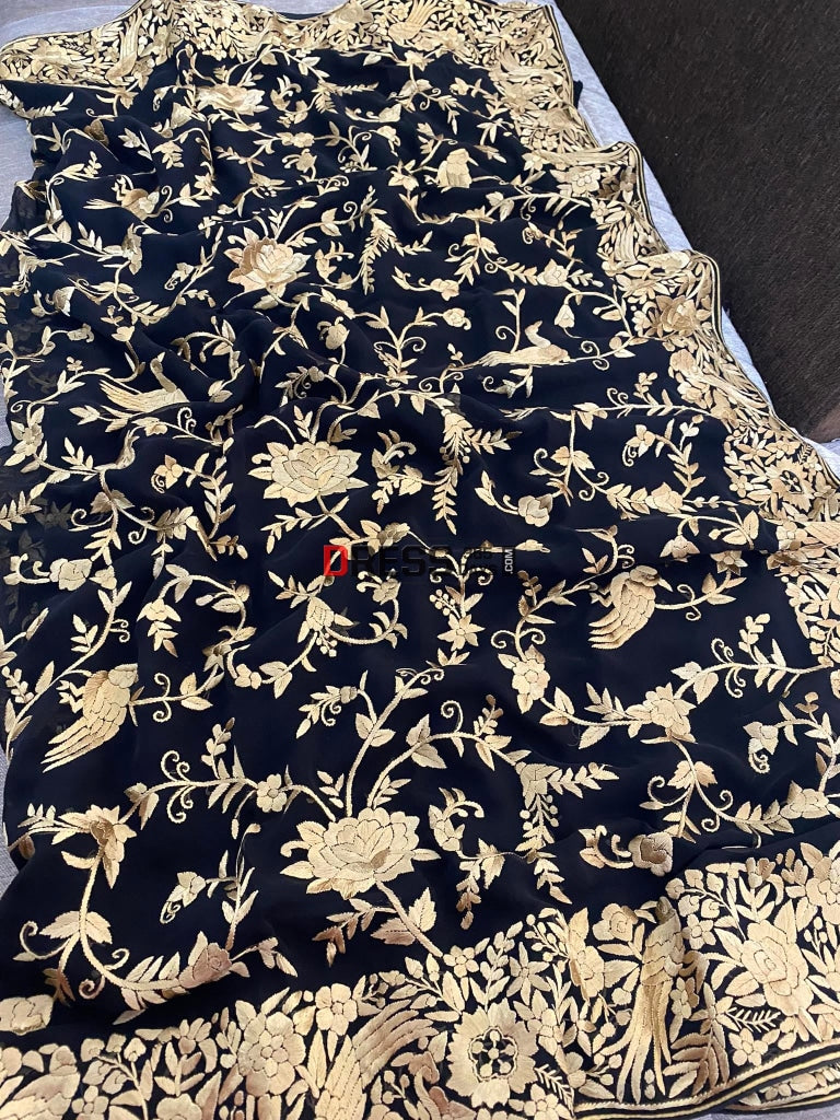 Black Parsi Gara With Golden Embroidery Saree