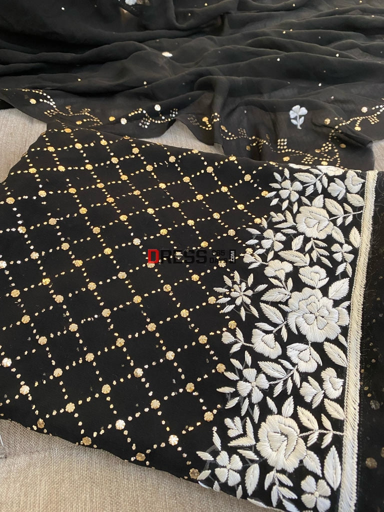 Black & White Kamdani Parsi Gara Suit Chikankari Suits